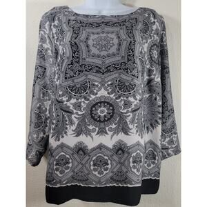 Willi Smith Black Gray White Floral Print Top Large Lightweight Soft Flowy